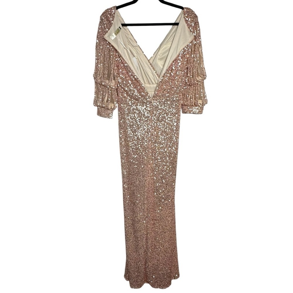 Rose Gold Sequin Maxi Dress with V-Neck and Sheer Tiered Sleeves - Picture 3 of 8